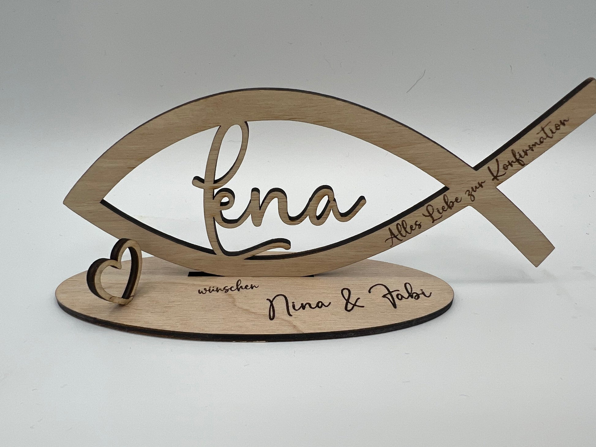 Geldgeschenk zur Kommunion aus Holz, Fisch mit Wunschname inkl. Gravur aus Holz, Konfirmation, Taufe, Jugendweihe, Namensgebung, Firmung