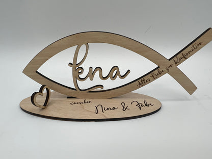 Geldgeschenk zur Kommunion aus Holz, Fisch mit Wunschname inkl. Gravur aus Holz, Konfirmation, Taufe, Jugendweihe, Namensgebung, Firmung