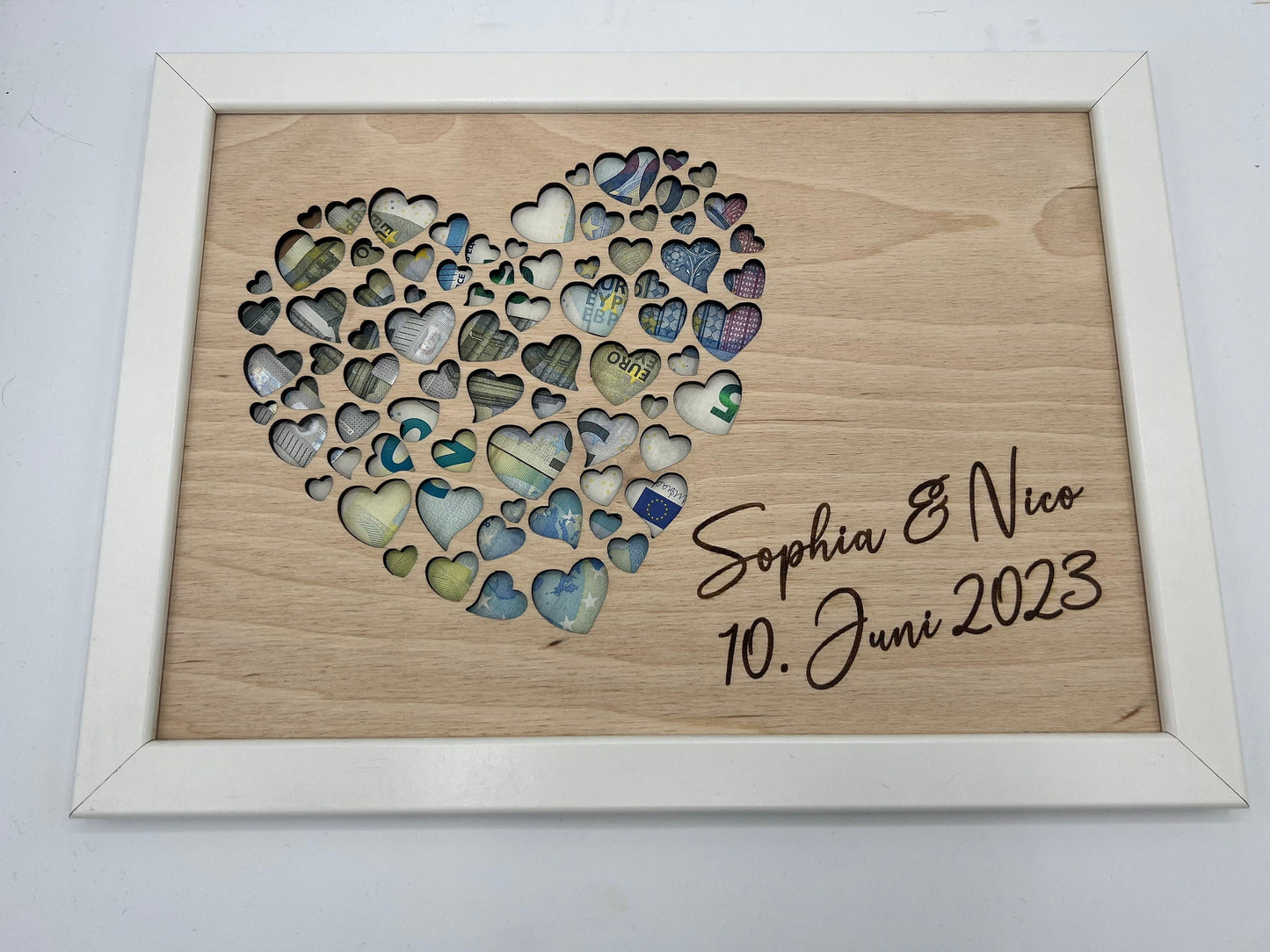 Geldgeschenk im Bilderrahmen zur Hochzeit &quot;Herz-Motiv&quot;, Größe wahlweiße 13x18cm, 21x30cm. Bilderrahmen Schwarz oder Weiß. Geld verschenken von Herzen