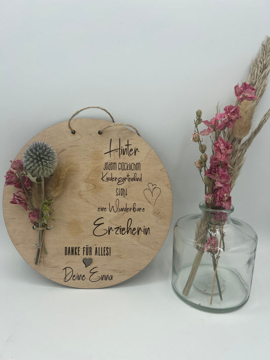 Abschiedsgeschenk Erzieher - Holzschild mit Trockenblumen, Kindergarten Geschenkidee, Persönliches Abschiedsgeschenk für Erzieher