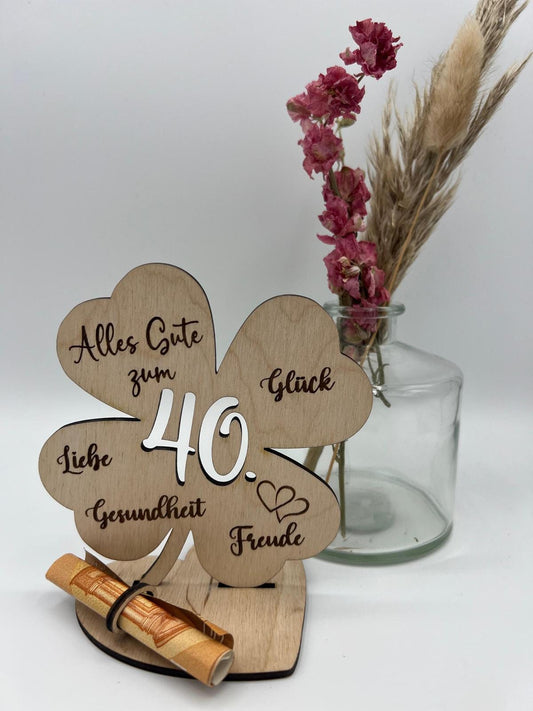 Geldgeschenk Kleeblatt Holz 60. Geburtstag, 12,5cm oder 18,0cm, Geldgeschenk auf Wunsch mit Namensgravur