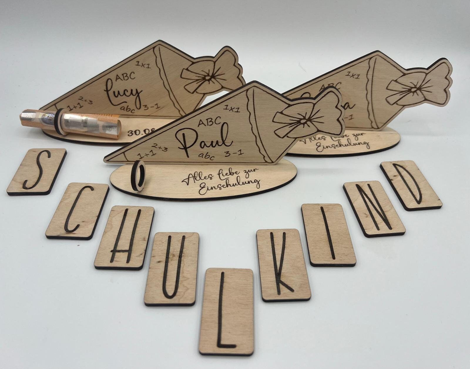 Schultüte mit Wunschname aus Holz, Geldgeschenk personalisiert aus Holz, Einschulung, Schulkind 2023, Kindergarten Verabschiedung,