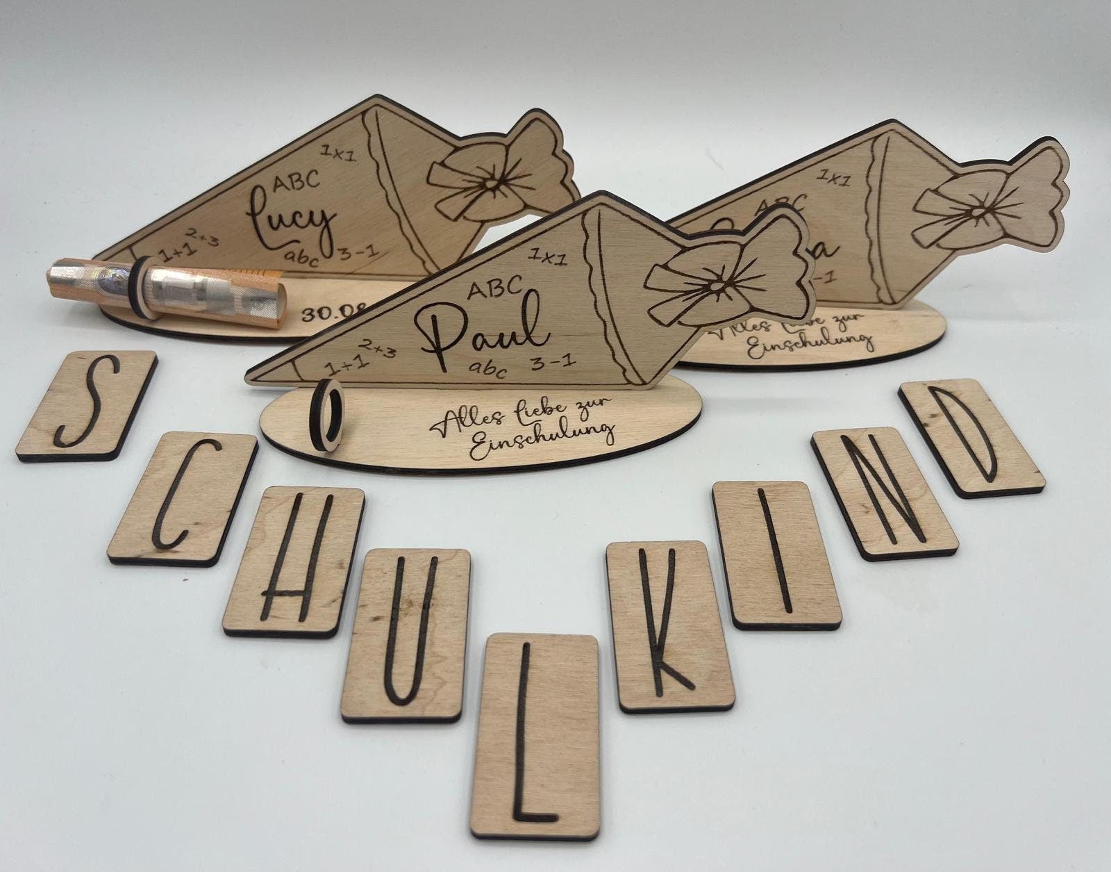 Geldgeschenk zur Einschulung aus Holz, Schultüte mit Wunschname, individueller Aufsteller, alternative Geschenkidee zur Einschulung, Schule