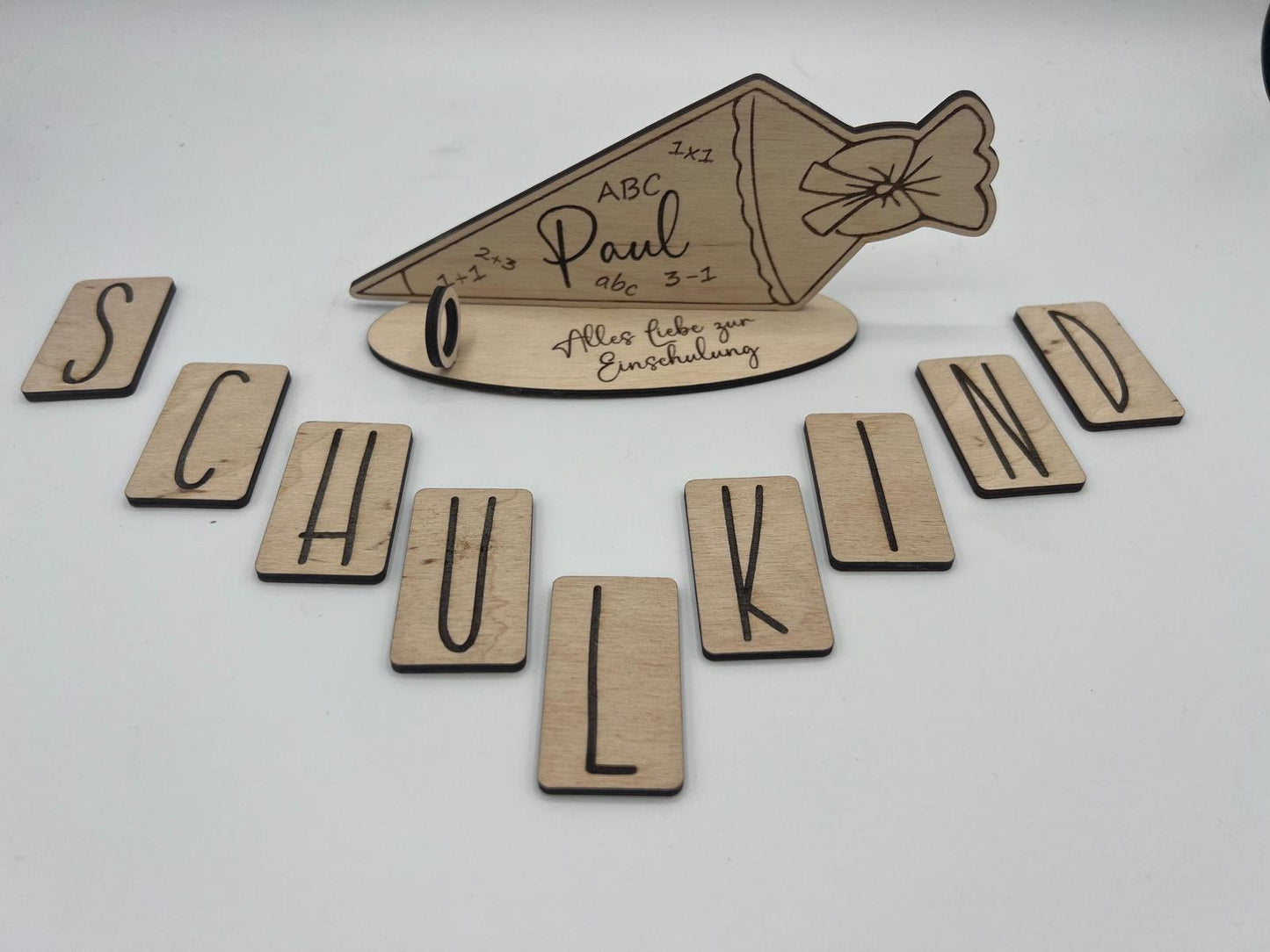 Geldgeschenk zur Einschulung aus Holz, Schultüte mit Wunschname, individueller Aufsteller, alternative Geschenkidee zur Einschulung, Schule