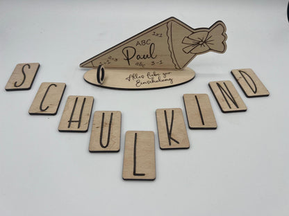 Geldgeschenk zur Einschulung aus Holz, Schultüte mit Wunschname, individueller Aufsteller, alternative Geschenkidee zur Einschulung, Schule