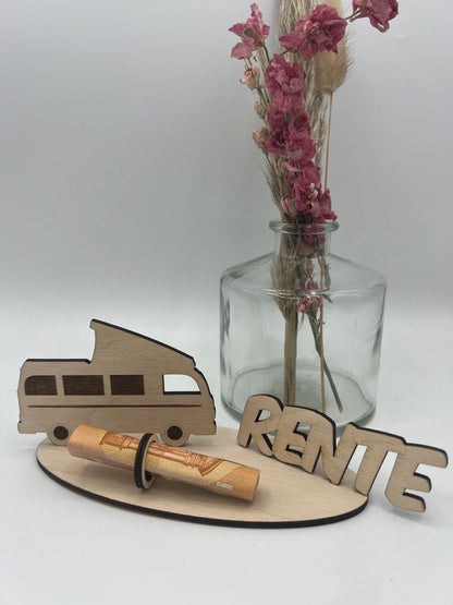 Geldgeschenk zur Rente / Camper / Holz / Geschenkidee Geldgeschenk / Rentner / Geburtstag / Urlaub / Wohnmobil / Bulli
