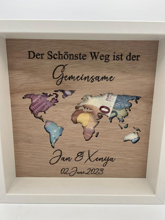 Geldgeschenk zur Hochzeit, weltkarte, Hochzeitstag, weg zusammen, Hochzeitsgeschenk ,Geschenkidee, Geburtstagsgeschenk, holz ,personalisiert