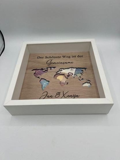 Geldgeschenk zur Hochzeit, weltkarte, Hochzeitstag, weg zusammen, Hochzeitsgeschenk ,Geschenkidee, Geburtstagsgeschenk, holz ,personalisiert