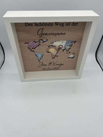 Geldgeschenk zur Hochzeit, weltkarte, Hochzeitstag, weg zusammen, Hochzeitsgeschenk ,Geschenkidee, Geburtstagsgeschenk, holz ,personalisiert