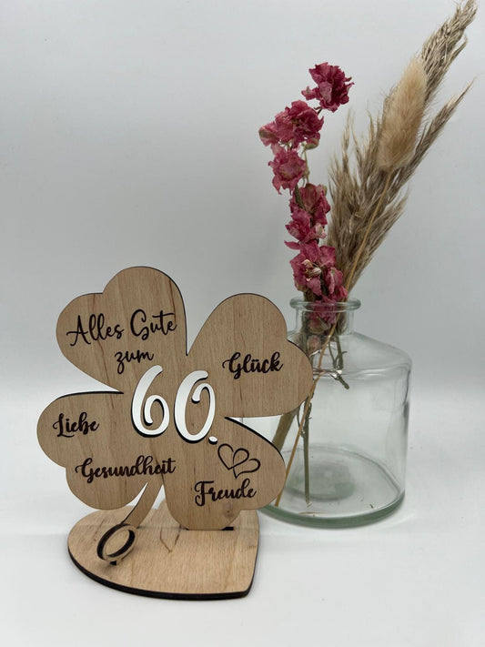 Geldgeschenk Kleeblatt Holz 80. Geburtstag, 12,5cm oder 18,0cm, Geldgeschenk auf Wunsch mit Namensgravur