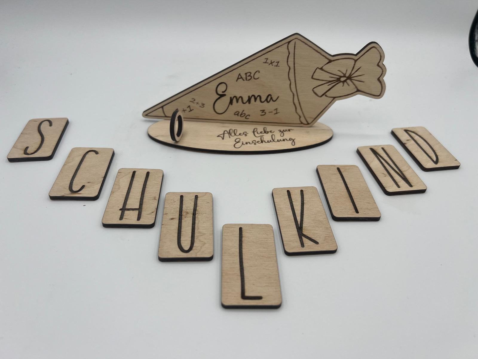 Geldgeschenk zur Einschulung aus Holz, Schultüte mit Wunschname, individueller Aufsteller, alternative Geschenkidee zur Einschulung, Schule