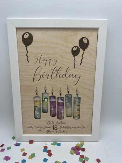 Personalisiertes Geldgeschenk zum Geburtstag, Motiv Luftballons mit Happy Birthday, Name vom Geburtstagkind & der Wünschenden sowie das Geburtstagsjahr können Graviert werden.