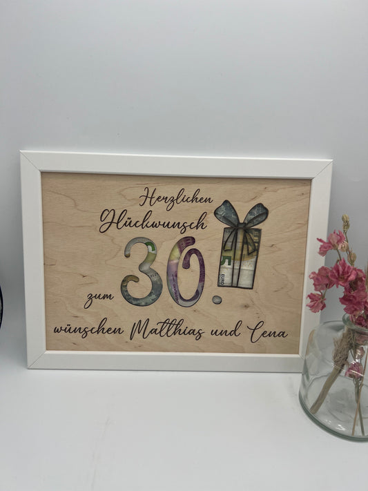 Geldgeschenk personalisiert zum Geburtstag, Andenken Bilderrahmen Geburtstagsgeschenk, Geschenkidee, Geldverpackung,Hochzeit Mann Frau