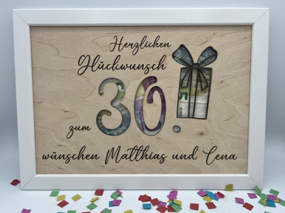 Geldgeschenk personalisiert zum Geburtstag, Andenken Bilderrahmen Geburtstagsgeschenk, Geschenkidee, Geldverpackung,Hochzeit Mann Frau