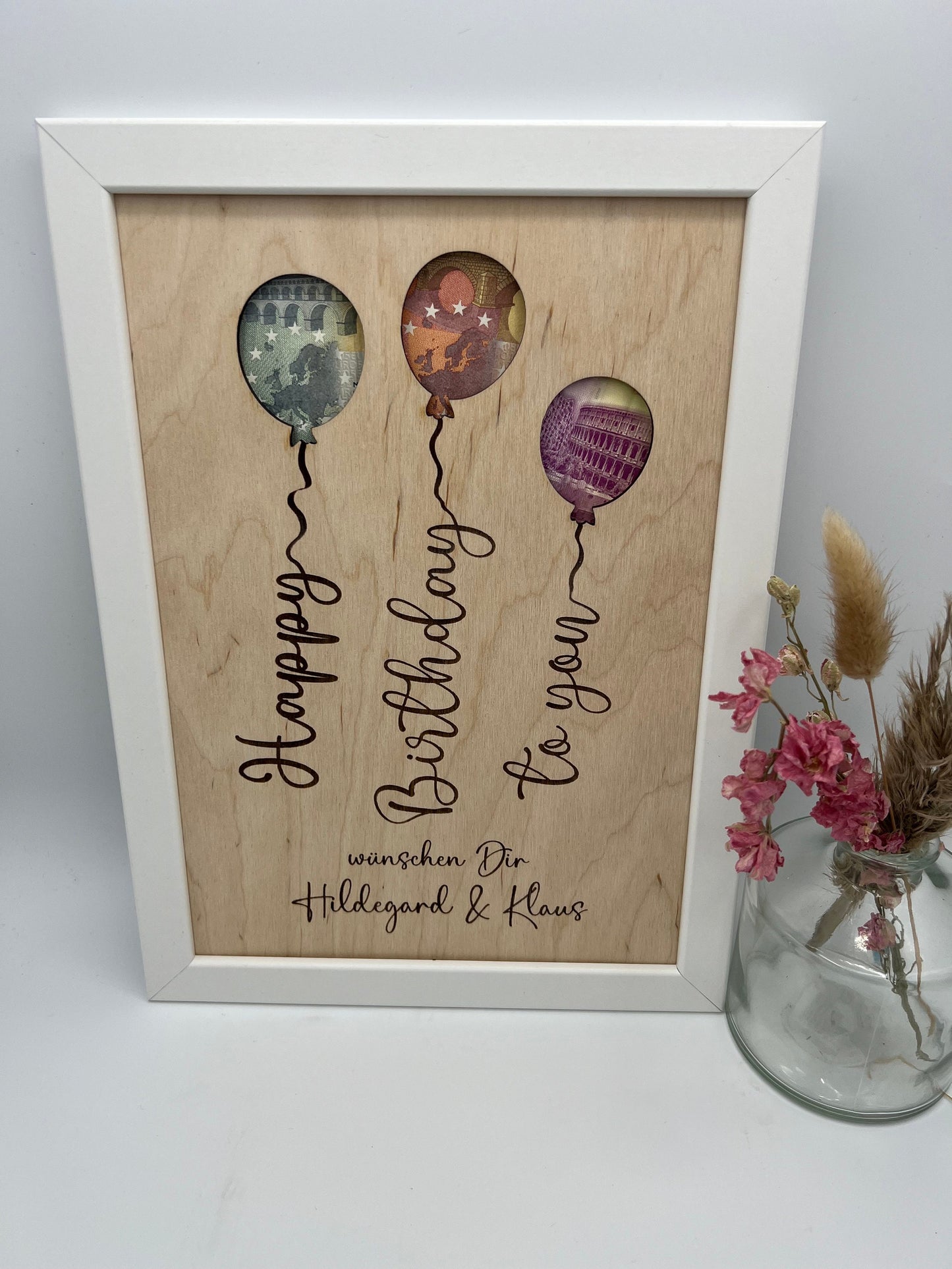 Geldgeschenk personalisiert zum Geburtstag, Andenken Bilderrahmen Geburtstagsgeschenk, Geschenkidee, Geldverpackung,Hochzeit Mann Frau
