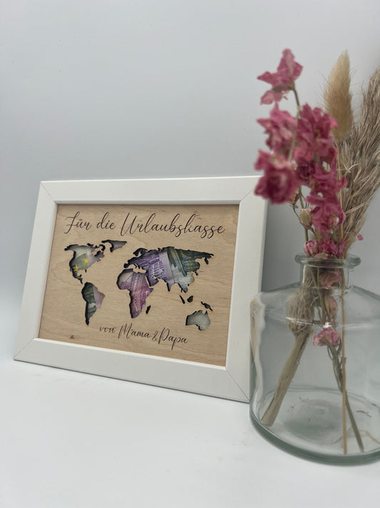 Geldgeschenk Weltkarte , Geschenk in Bilderrahmen, Geschenk zum Geburtstag , Reisegeschenk , Geschenkidee Weltkarte