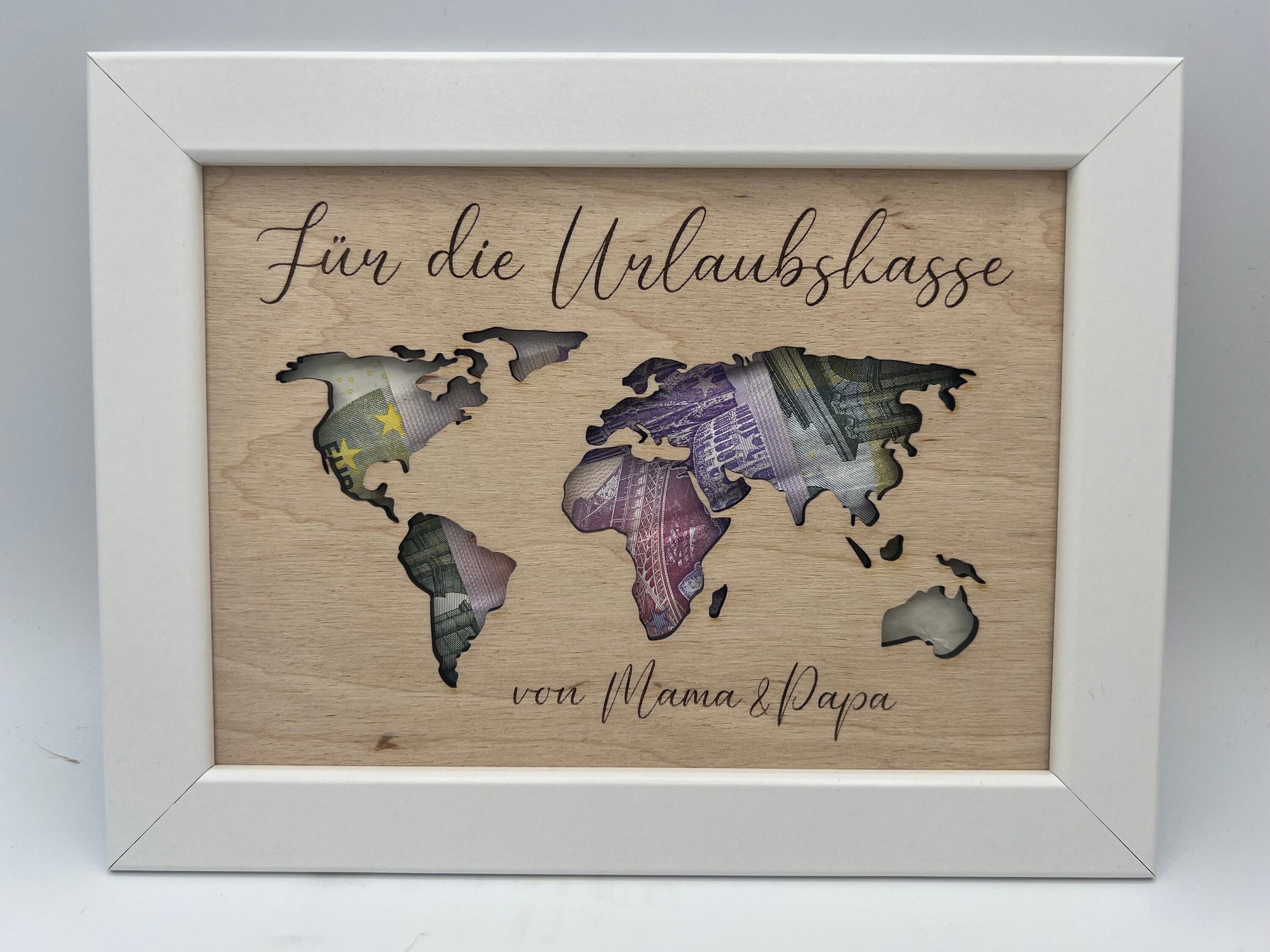 Geldgeschenk Weltkarte , Geschenk in Bilderrahmen, Geschenk zum Geburtstag , Reisegeschenk , Geschenkidee Weltkarte