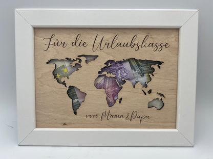 Geldgeschenk Weltkarte , Geschenk in Bilderrahmen, Geschenk zum Geburtstag , Reisegeschenk , Geschenkidee Weltkarte