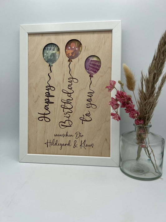 Geldgeschenk personalisiert zum Geburtstag, Andenken Bilderrahmen Geburtstagsgeschenk, Geschenkidee, Geldverpackung,Hochzeit Mann Frau
