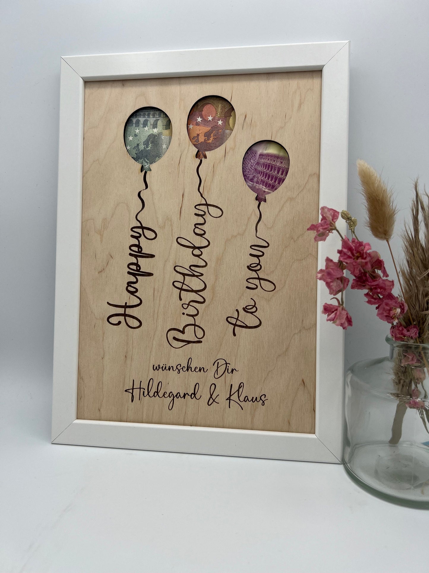 Geldgeschenk personalisiert zum Geburtstag, Andenken Bilderrahmen Geburtstagsgeschenk, Geschenkidee, Geldverpackung,Hochzeit Mann Frau