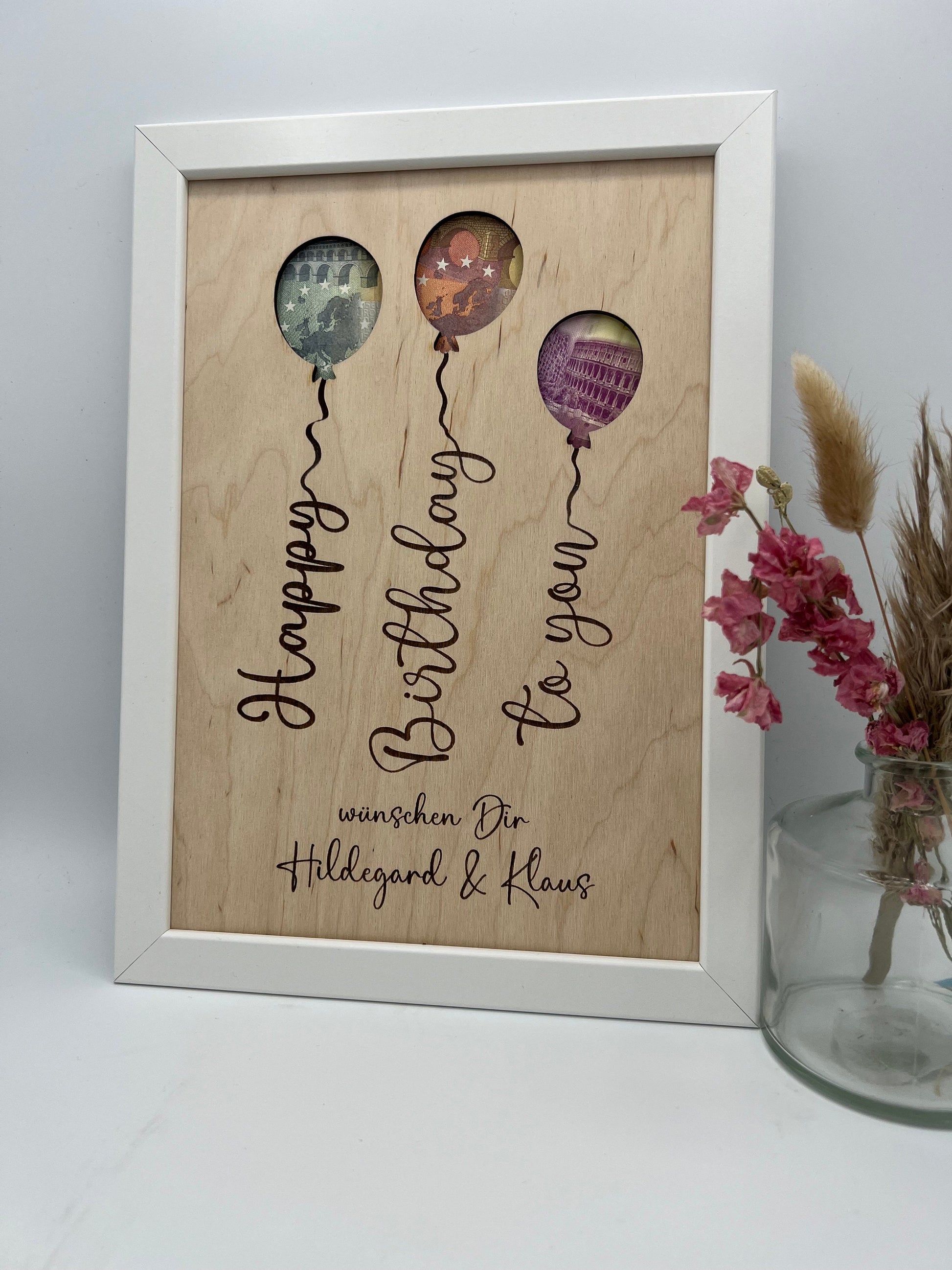 Geldgeschenk personalisiert zum Geburtstag, Andenken Bilderrahmen Geburtstagsgeschenk, Geschenkidee, Geldverpackung,Hochzeit Mann Frau
