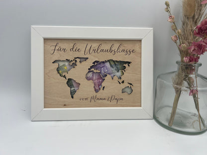 Geldgeschenk Weltkarte , Geschenk in Bilderrahmen, Geschenk zum Geburtstag , Reisegeschenk , Geschenkidee Weltkarte