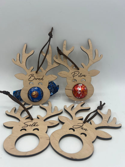 Rentier Schoko Weihnachtskugel, Mitbringsel, Personalisierter Christbaumschmuck aus Holz, Geschenkidee, Weihnachtsgeschenk, Weihnachten