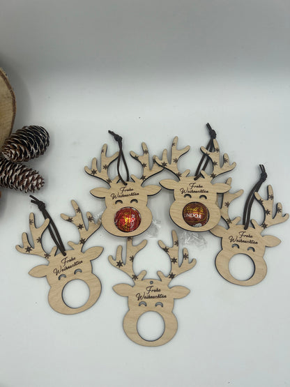 Rentier Schoko Weihnachtskugel, Mitbringsel, Personalisierter Christbaumschmuck aus Holz, Geschenkidee, Weihnachtsgeschenk, Weihnachten
