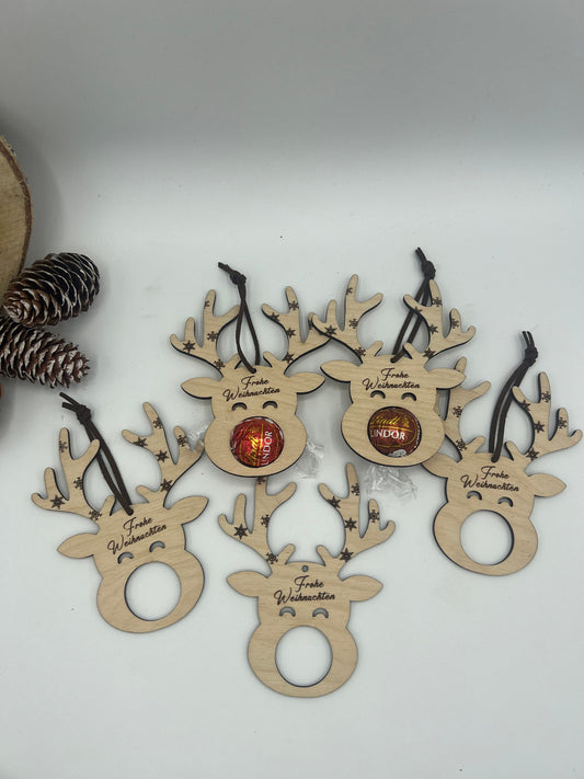 Rentier Schoko Weihnachtskugel, Mitbringsel, Personalisierter Christbaumschmuck aus Holz, Geschenkidee, Weihnachtsgeschenk, Weihnachten