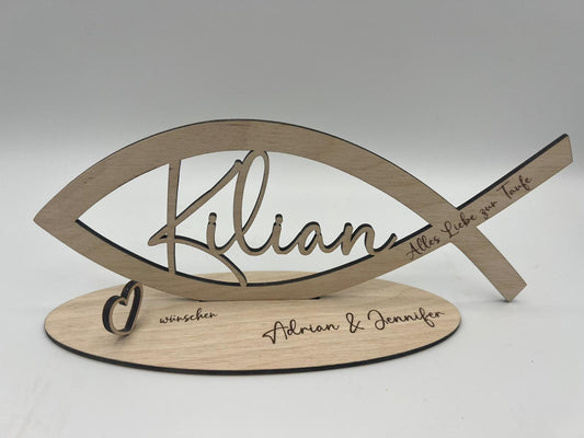 Geldgeschenk zur Taufe aus Holz, Fisch mit Wunschname inkl. Gravur aus Holz, Kommunion, Konfirmation, Jugendweihe, ,Alles Liebe zur Taufe