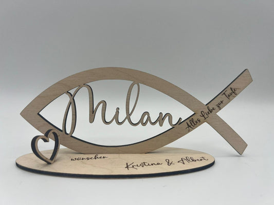 Geldgeschenk zur Taufe aus Holz, Fisch mit Wunschname inkl. Gravur aus Holz, Kommunion, Konfirmation, Jugendweihe, ,Alles Liebe zur Taufe