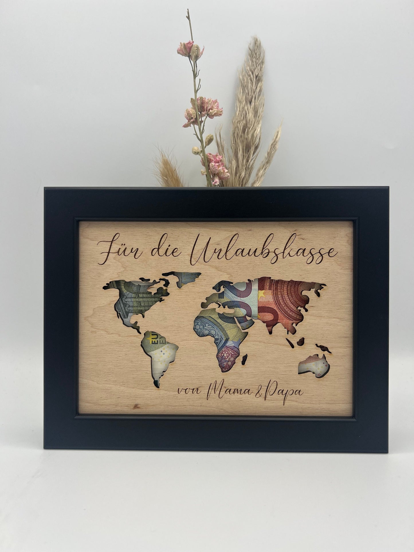 Geldgeschenk Weltkarte , Geschenk in Bilderrahmen, Geschenk zum Geburtstag , Reisegeschenk , Geschenkidee Weltkarte