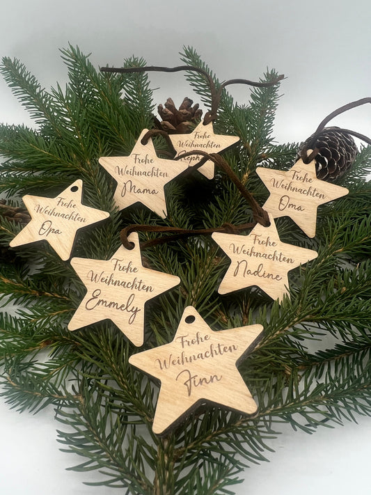 Stern Geschenkanhänger aus Holz, Personalisierbar mit Namen, Weihnachtsgeschenk, Tannenbaum, Schmuck