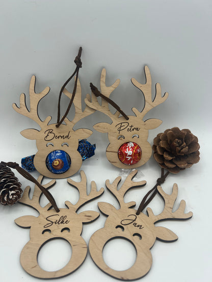 Rentier Schoko Weihnachtskugel, Mitbringsel, Personalisierter Christbaumschmuck aus Holz, Geschenkidee, Weihnachtsgeschenk, Weihnachten