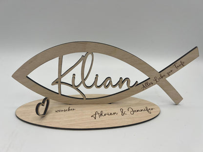 Geldgeschenk zur Taufe aus Holz, Fisch mit Wunschname inkl. Gravur aus Holz, Kommunion, Konfirmation, Jugendweihe, ,Alles Liebe zur Taufe