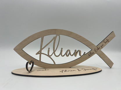 Geldgeschenk zur Taufe aus Holz, Fisch mit Wunschname inkl. Gravur aus Holz, Kommunion, Konfirmation, Jugendweihe, ,Alles Liebe zur Taufe