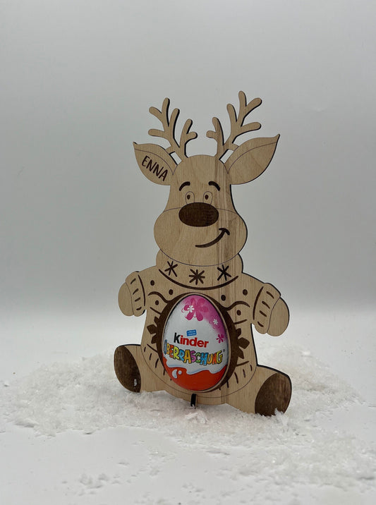 Rentier Aufsteller aus Birken Sperrholz, in die Öffnung passt ein Ü-ei. Eine schöne Geschenkidee für Kinder.