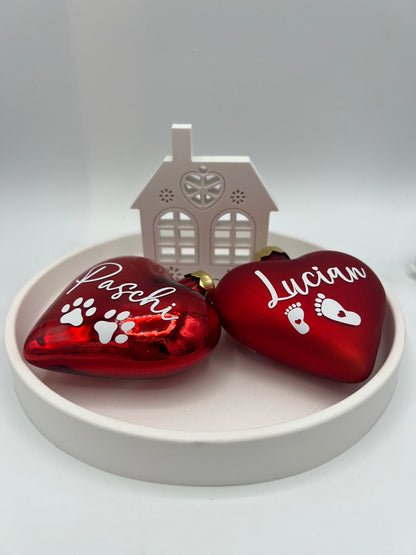 Weihnachtskugel in Herzform aus Glas, 8cm, Personalisierter Weihnachtsschmuck, Tischdekoration, Christbaumschmuck oder Gastgeschenk