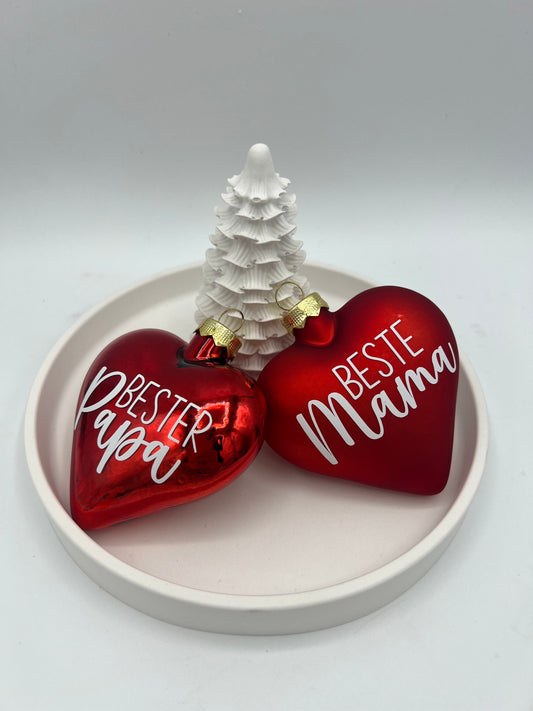 Weihnachtskugel in Herzform aus Glas, 8cm, Personalisierter Weihnachtsschmuck, Tischdekoration, Christbaumschmuck oder Gastgeschenk