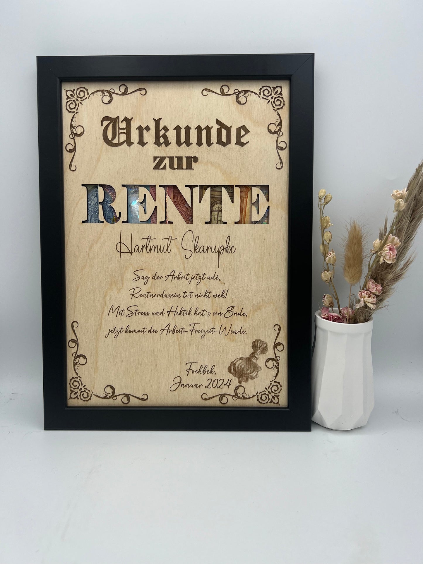 Geldgeschenk Bilderrahmen zur Rente, Geschenkidee
