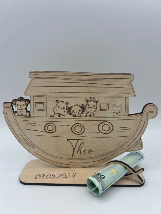 Arche Geldgeschenk zur Taufe, Geburt oder Kindergeburtstag, Arche Noah aus Holz mit süßen Tieren, Kommunion,Konfirmation,kleine Geschenkidee