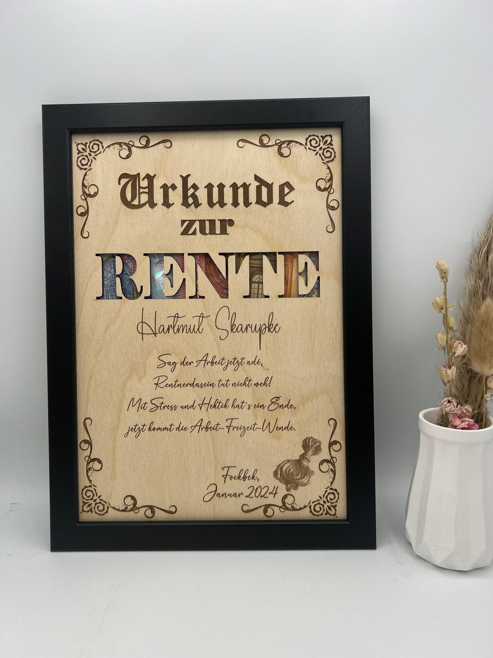 Geldgeschenk Bilderrahmen zur Rente, Geschenkidee