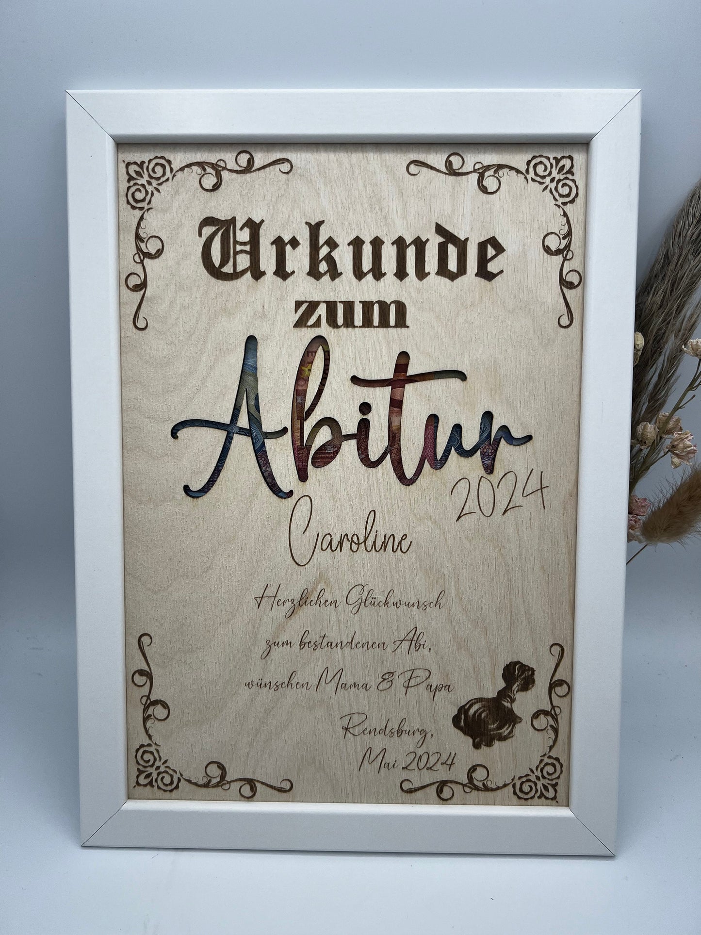 Urkunde zum bestandenen Abitur, Schulabschluss als Geldgeschenk, personalisierte Geschenkidee