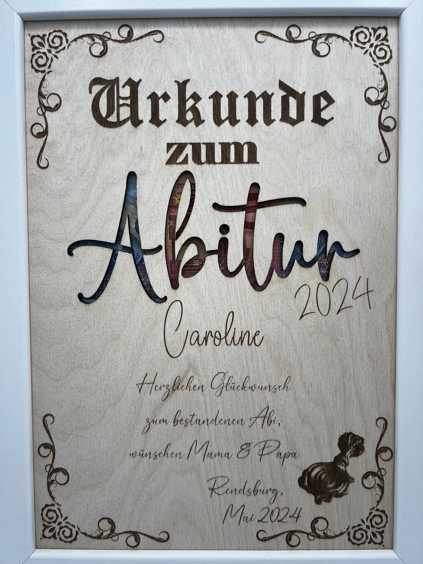 Urkunde zum bestandenen Abitur, Schulabschluss als Geldgeschenk, personalisierte Geschenkidee