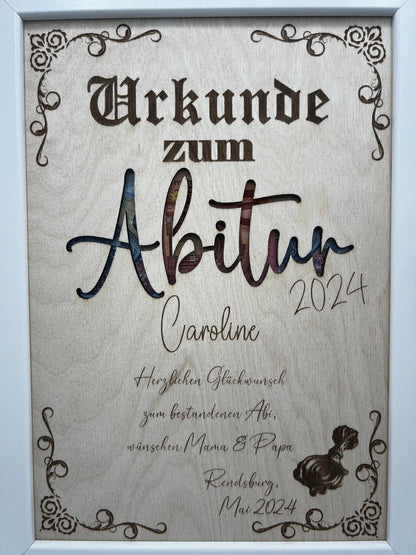 Urkunde zum bestandenen Abitur, Schulabschluss als Geldgeschenk, personalisierte Geschenkidee