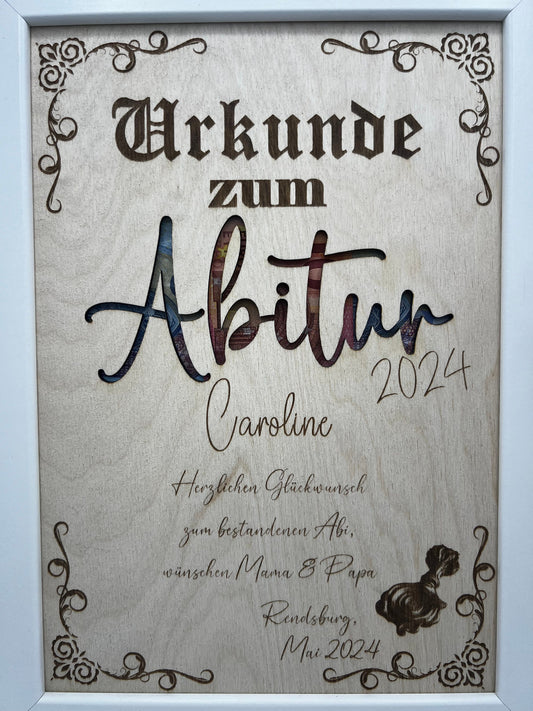 Urkunde zum bestandenen Abitur, Schulabschluss als Geldgeschenk, personalisierte Geschenkidee