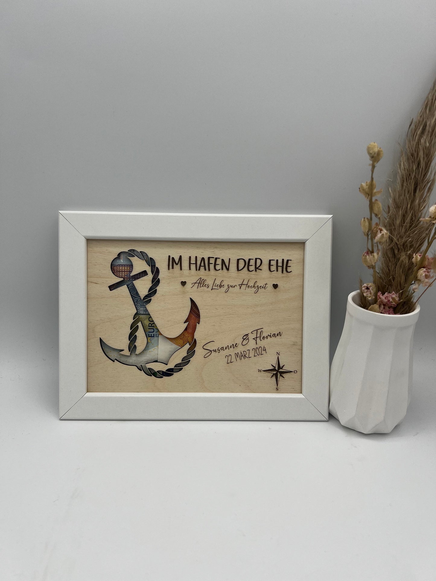Hochzeitsgeschenk im Bilderrahmen, Geldgeschenk Anker personalisiert, Geschenk Maritim zur Hochzeit, für das Brautpaar, für Gutschein Geld