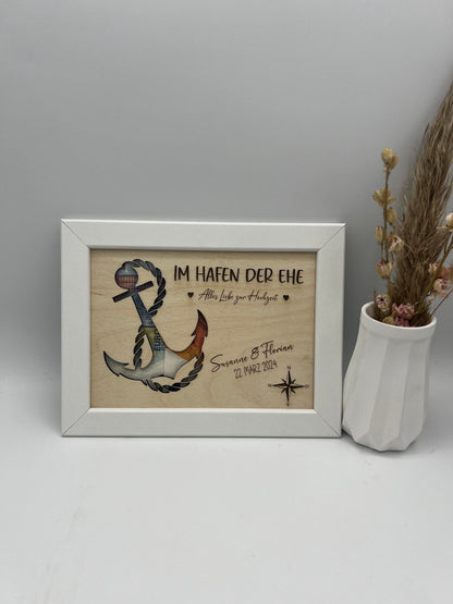 Hochzeitsgeschenk im Bilderrahmen, Geldgeschenk Anker personalisiert, Geschenk Maritim zur Hochzeit, für das Brautpaar, für Gutschein Geld