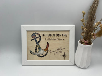 Hochzeitsgeschenk im Bilderrahmen, Geldgeschenk Anker personalisiert, Geschenk Maritim zur Hochzeit, für das Brautpaar, für Gutschein Geld