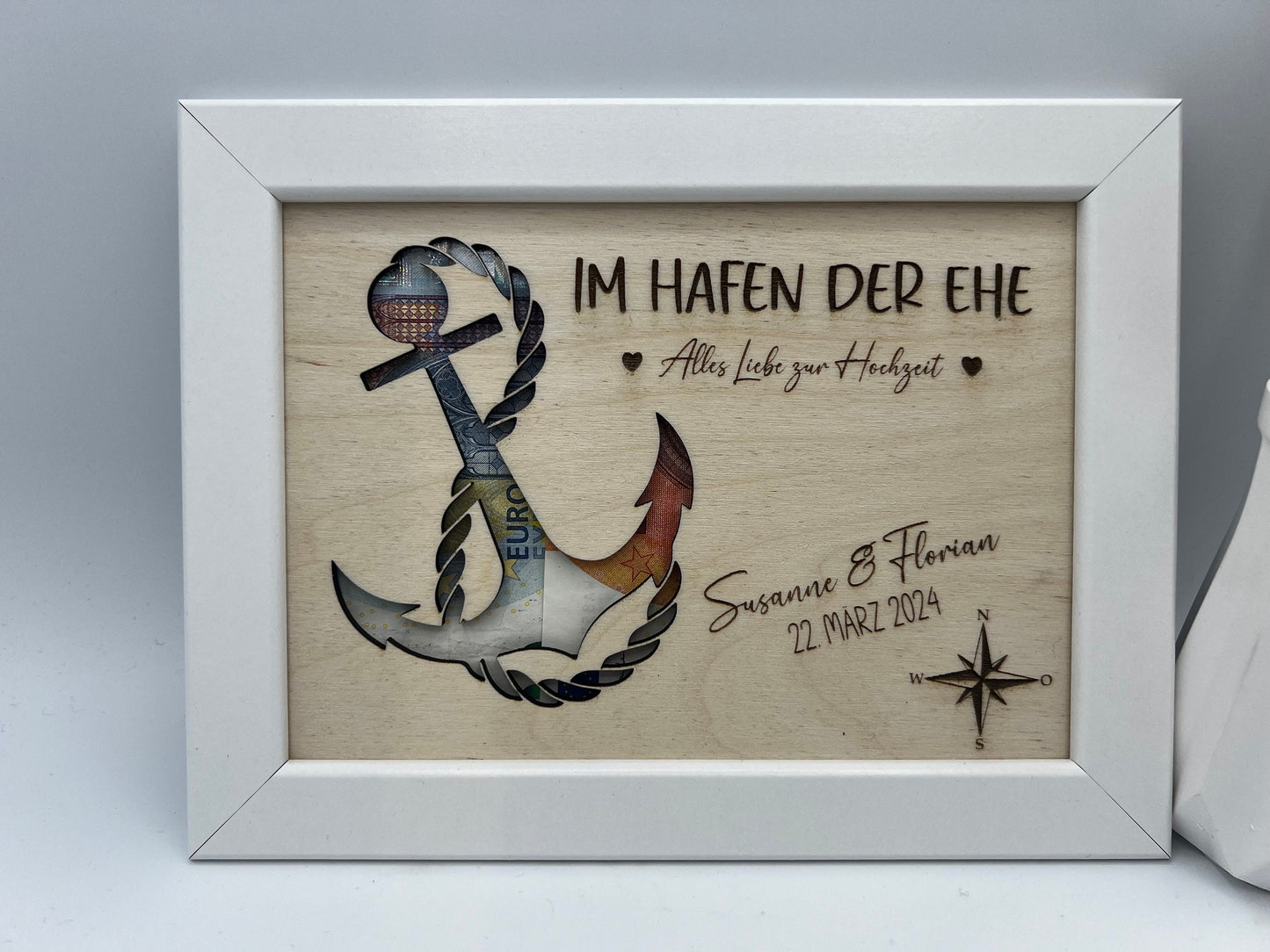 Hochzeitsgeschenk im Bilderrahmen, Geldgeschenk Anker personalisiert, Geschenk Maritim zur Hochzeit, für das Brautpaar, für Gutschein Geld